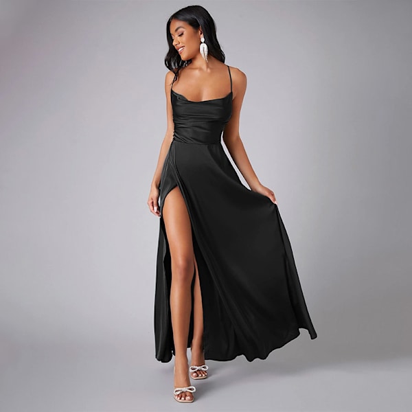 Elegant Sort Maxi-Kjole med Åben Ryg M