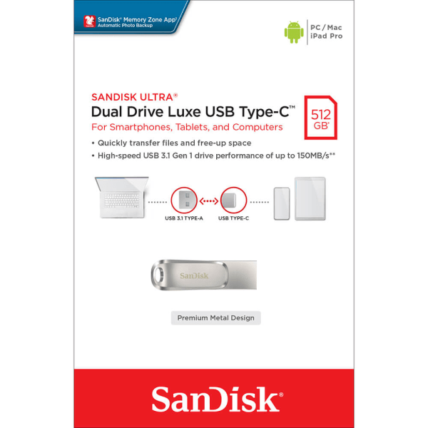 SANDISK USB Dual Drive Luxe 512GB 150MB/s USB-C & USB 3.1