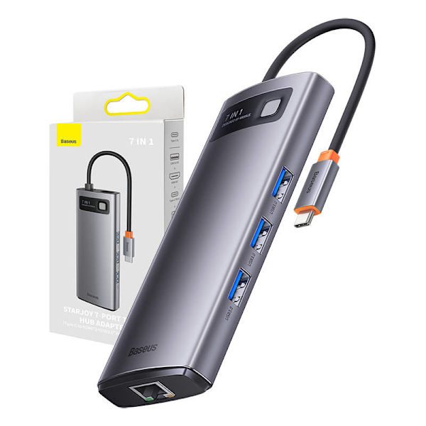 Hub 7in1 Baseus Metal Gleam Series, USB-C till 3x USB 3.0 + 2x HDMI + USB-C PD + Ethernet RJ45