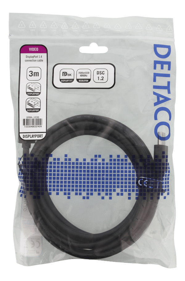 DisplayPort cable, DP 1.4, 7680x4320 at 30Hz, 3m, black
