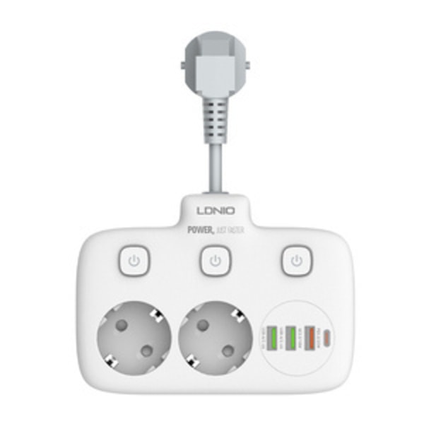 Virtajohto 2 AC-pistorasialla, 3x USB, USB-C, LDNIO SE2435, 2500W (valkoinen)