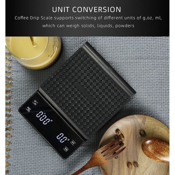 Digital kaffevægt med timer og varmeisolerende måtte til pour-over brygning - 3kg kapacitet, g/oz/ml konvertering og klart LED-display