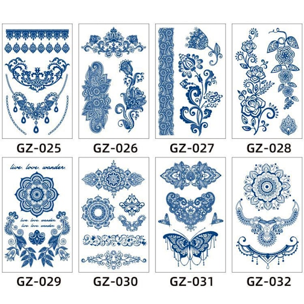 Tillfällig tatueringsdekal, blå blommig design 1