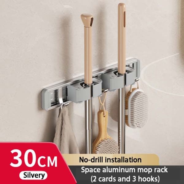 Wall-Mounted Broom Holder Silver 30cm 2 Clips 3 Hooks Mop And Broom Organizer