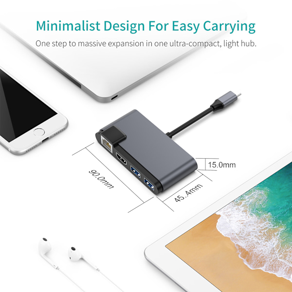 6-i-1 USB-C Hub med HDMI, RJ45 og USB 3.0