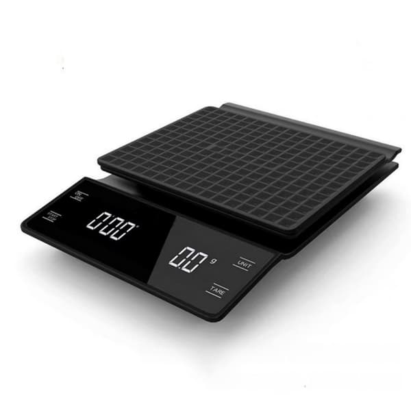 Digital kaffevægt med timer og varmeisolerende måtte til pour-over brygning - 3kg kapacitet, g/oz/ml konvertering og klart LED-display