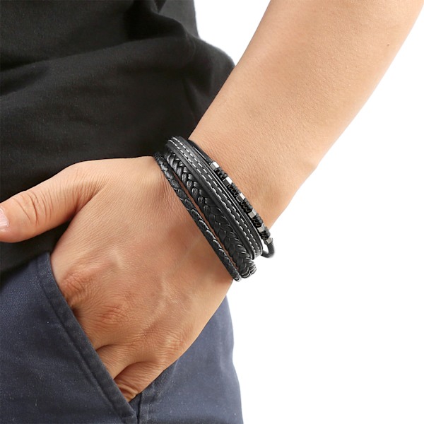 Flerlagers Retroflätat Läderarmband för Män Svart