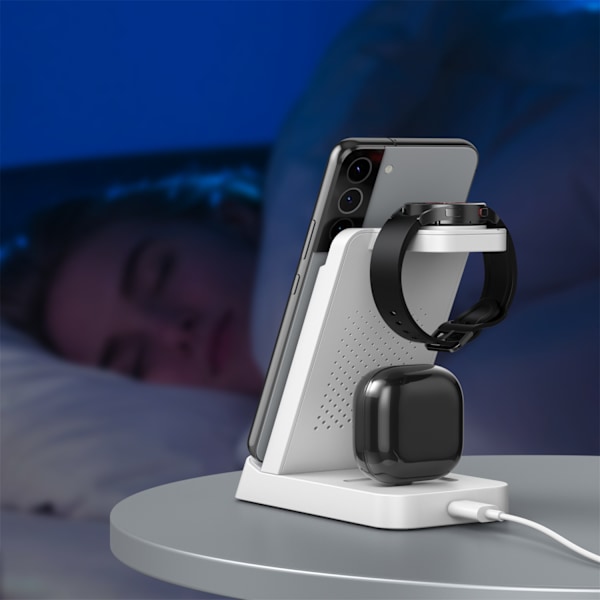 INF 3-i-1 trådløs oplader til telefon, Samsung smartwatch, høretelefoner Hvid