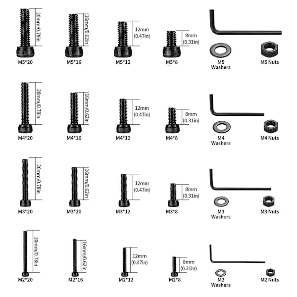 1225 stk. Grad 10.9 Knaphoved & Cylindrisk Hoved Hex Socket Skrue Sortimentssæt