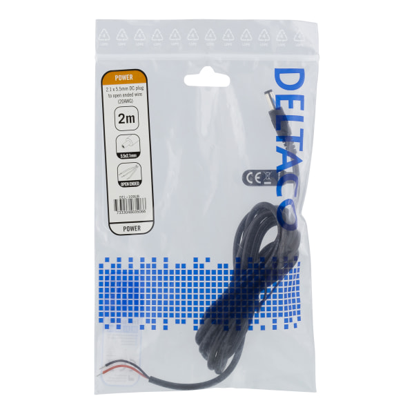 5.5x2.1mm DC to open ended wire, 2m, 20AWG, black