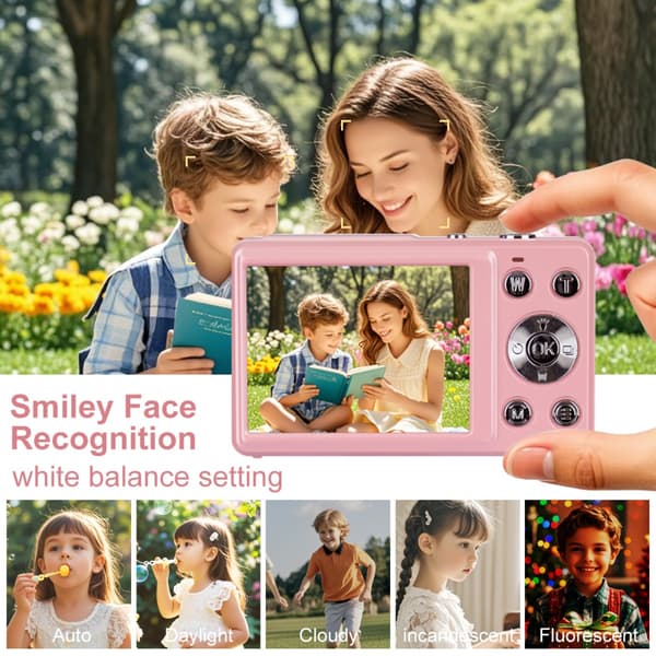4K digitalkamera med 64MP-sensor, 18x zoom, 2.88-tums LCD och kompakt rosa design