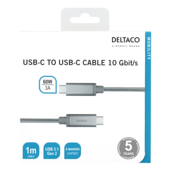 USB-C to USB-C cable, 1m, 60W USB PD, 10 Gbps, silver