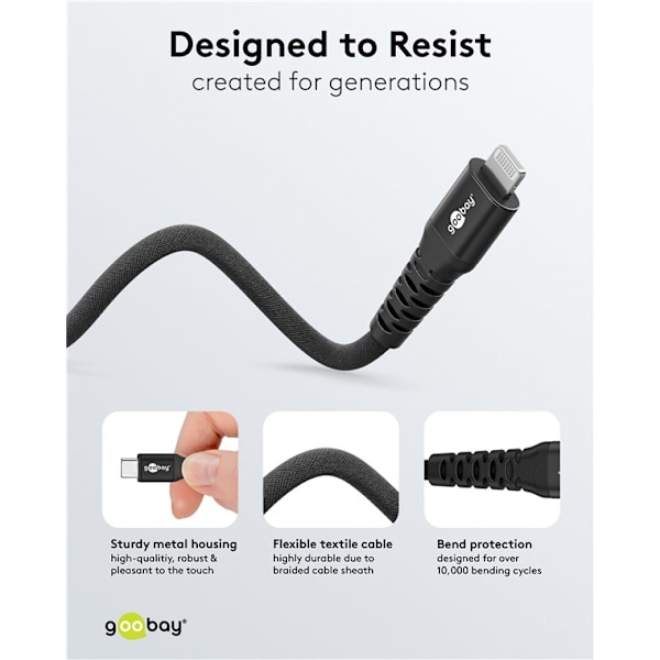 Lightning-USB-C™ supersoft textilkabel med metallkontakter, 0,5 m, svart