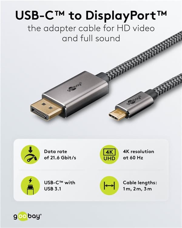 USB-C™-til-DisplayPort™-kabel, 1 m, sort;sølv