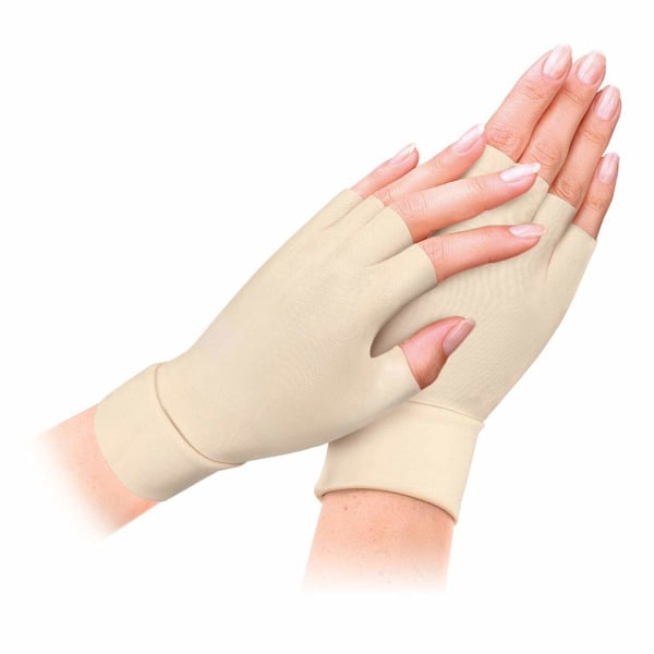 1 par kompressionshandskar med halvfinger för fingrar och smärtl beige