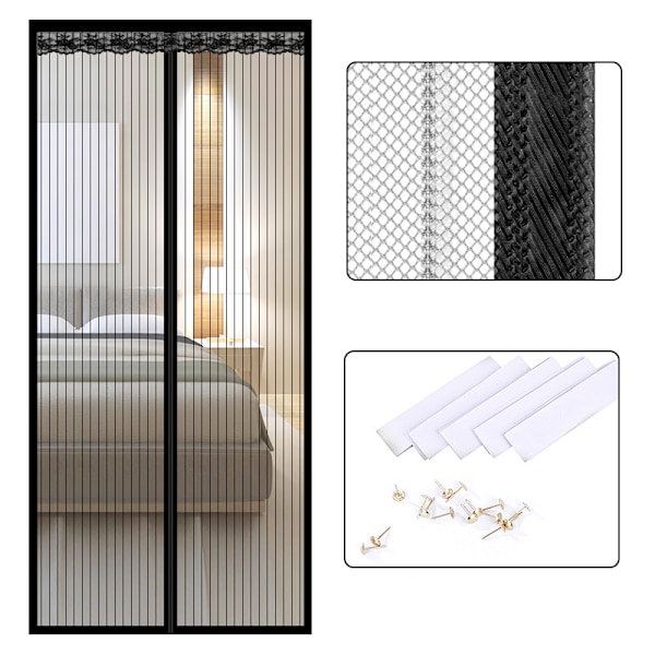 Magnetiskt skärmdörrgardin, randig polyester, 9 par spännen, 90x220cm