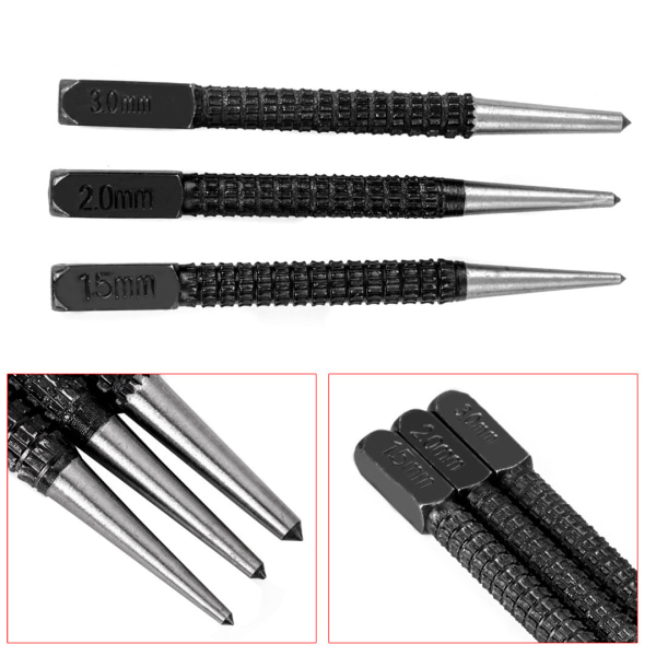 3 stykker Center Pin Punch Skridsikkert Center Pin Punch Sæt Sort
