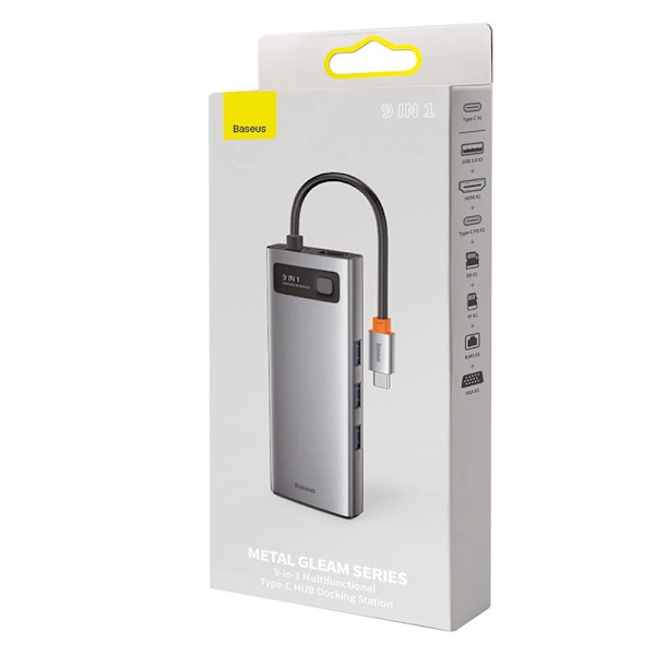 Hub 9in1 Baseus Metal Gleam Series, USB-C till 3x USB 3.0 + HDMI + USB-C PD + Ethernet RJ45 + microSD/SD + VGA