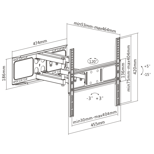 Full motion 3-way wall mount for monitor/tv, 32"-55", tilt