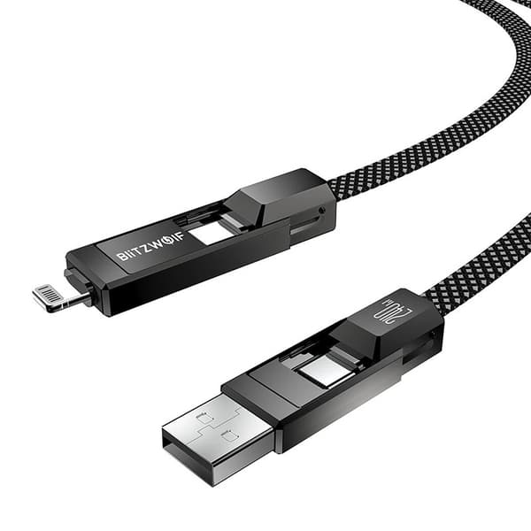 4-i-1 USB-kabel til opladning og data 240W til smartphone, tablet og laptop, 1,2 m nylonflet, sort - BlitzWolf BW-HDC7