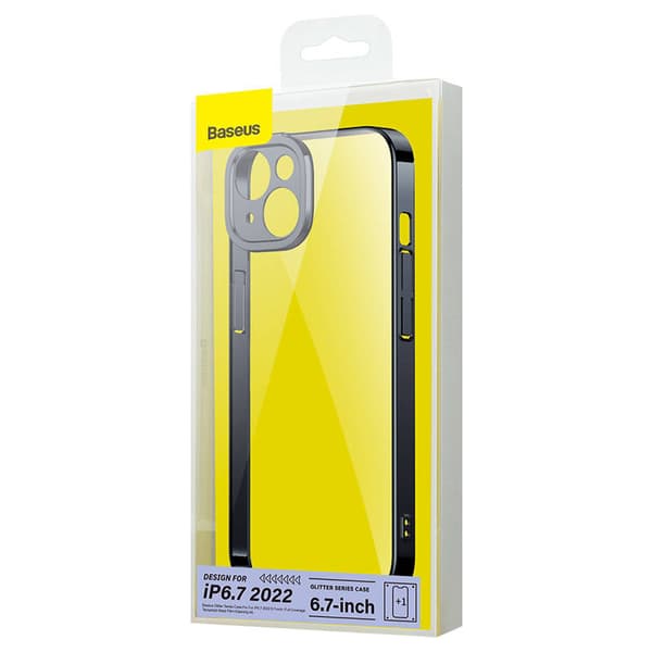 Baseus Glitter Transparent Cover og hærdet glas sæt til iPhone 14 Plus (sort)