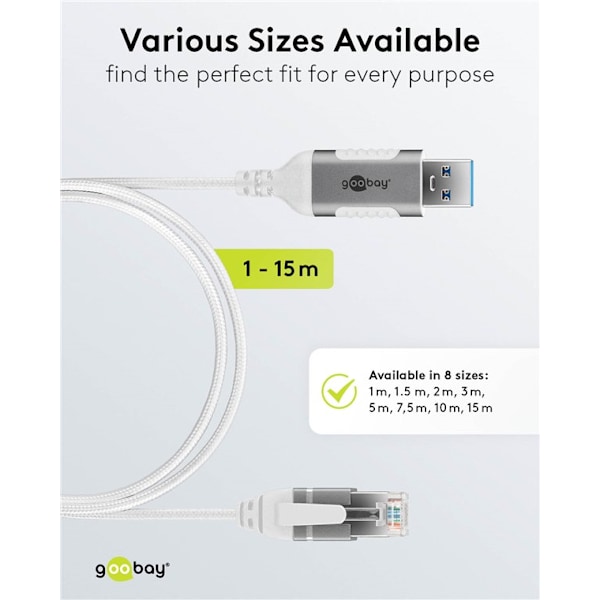 Ethernet-kabel USB-A 3.0 til RJ45, Slim, 15 m