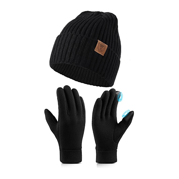 Stickad mössa och handskar set - svart Tjock-line mössa + handskar S