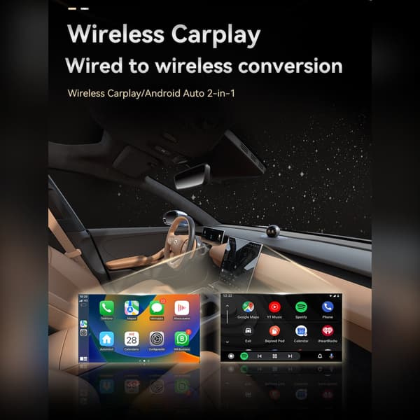 Smart CarPlay Android Auto 2-i-1 Trådlös Adapter - Metall & Glas Design kompatibelt med Bilar som stöder trådbunden CarPlay Grey Grey