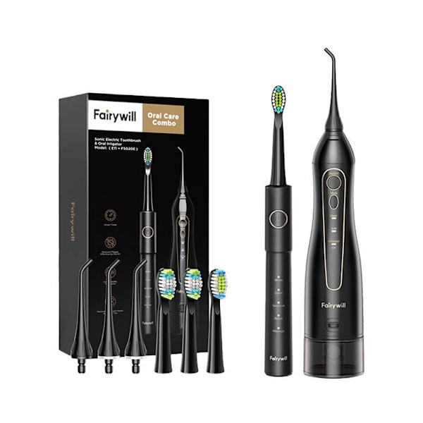 Sonic tandborste med spetssats och vatten fosser FairyWill FW-5020E + FW-E11 (svart)