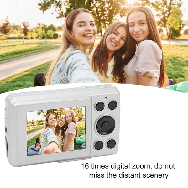 Digitalkamera, 1080P 16MP, kompakt med 2,4-tommers skærm, 16X, 32G-kort Sølv