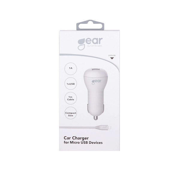 Laddare 12-24V 1xUSB 1A Vit MicroUSB Kabel Rund 1m