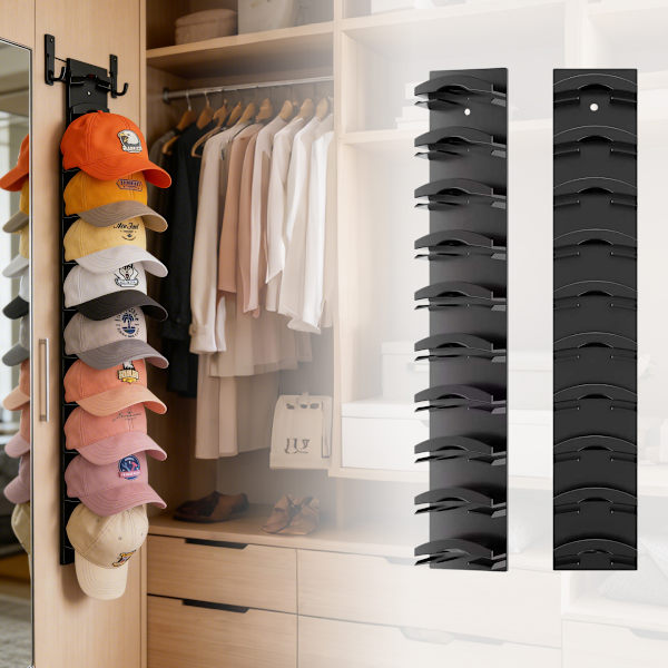Multi-Layer Basebollkeps Väggmonterad Organizer Rack - Enkel Installation Hattförvaring Black Black