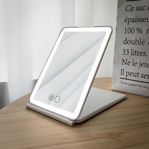 LED Foldbart Makeupspejl: Bærbart, Genopladeligt, Dæmpbart med Touch-kontrol og 3 Lysindstillinger White White