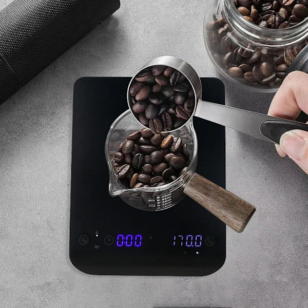 Mini digital kaffevægt med dobbelt timer, USB-C genopladelig, højpræcisionssensor, LED-display - Sort