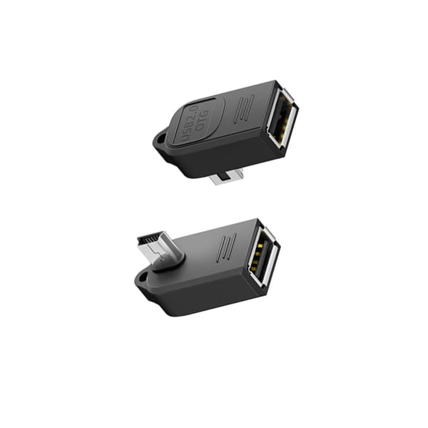 90 asteen mini-USB uros–USB-A naaras OTG-sovitin 4 kpl avainperillä, USB2.0 480Mbps, ABS, musta