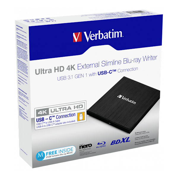 External Ultra HD 4K Slimline Blu-ray Writer USB 3.1, USB-C