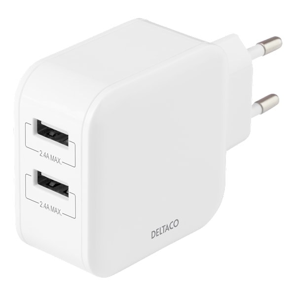 Wall charger with dual USB-A ports, 4.8 A, 24 W, white