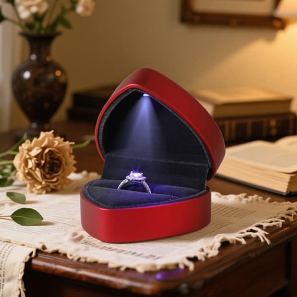 Red Heart-Shaped Engagement Ring Box with LED Light kompatibelt med PU EVA Proposal Gift