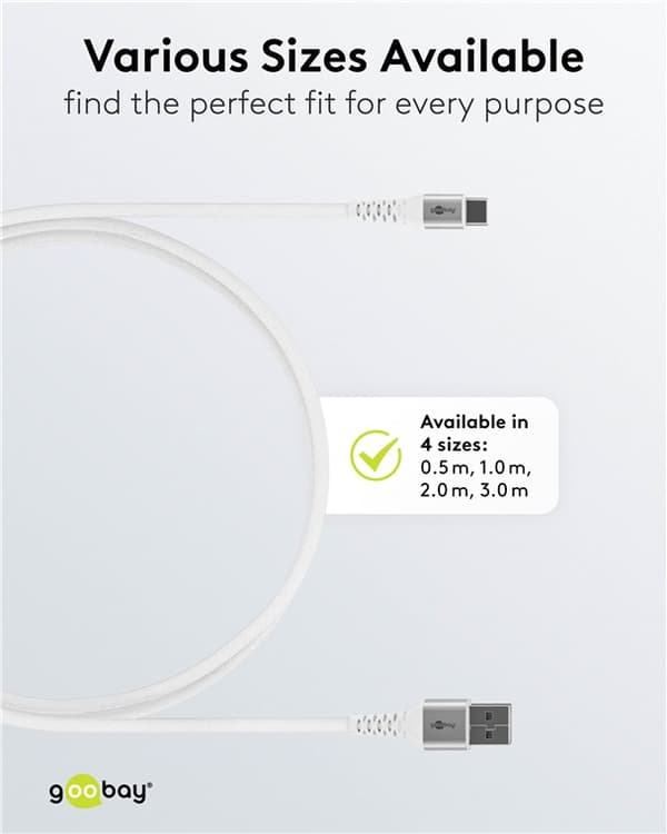 USB-C™ til USB-A superblødt tekstilkabel med metalstik, 2 m, hvid