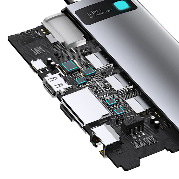 Hub 9in1 Baseus Metal Gleam Series, USB-C till 3x USB 3.0 + HDMI + USB-C PD + Ethernet RJ45 + microSD/SD + VGA