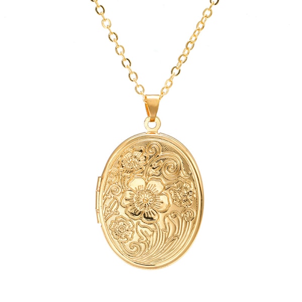 Kopparmedaljon Öppna DIY Oval Flower Carved Halsband Guld Guld