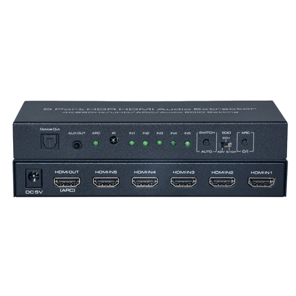 HDMI Switch 5 in 1 Out 4K@60Hz, HDMI Switcher med fjärrkontroll, HDMI 2.0 Switch Box Hub för HDR, kompatibel med Xbox, P Svart