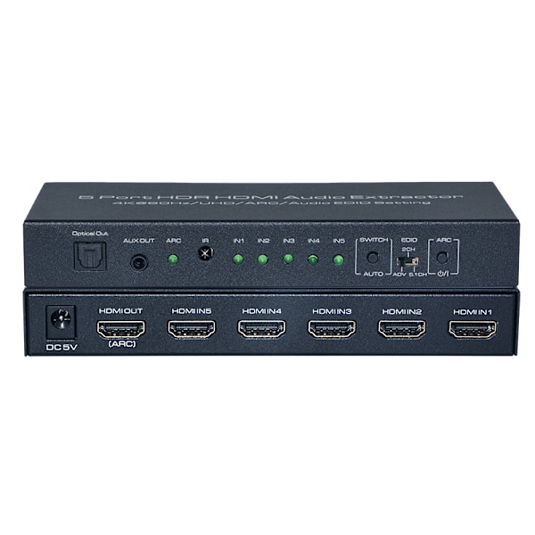 HDMI switch 5 in 1 out, 4K@60Hz med ARC audio extractor HDMI 2.0 HDR och fjärrkontroll Svart
