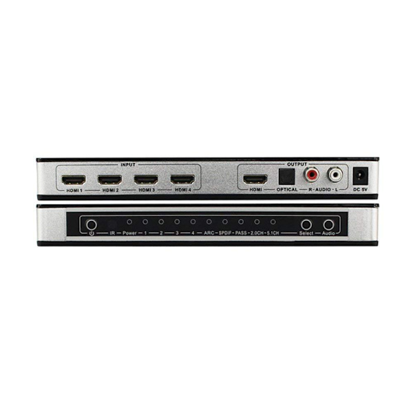 4x1 HDMI Switch og lyddeler UHD 4K 3D HDMI 2.0 ARC Toslink + RCA