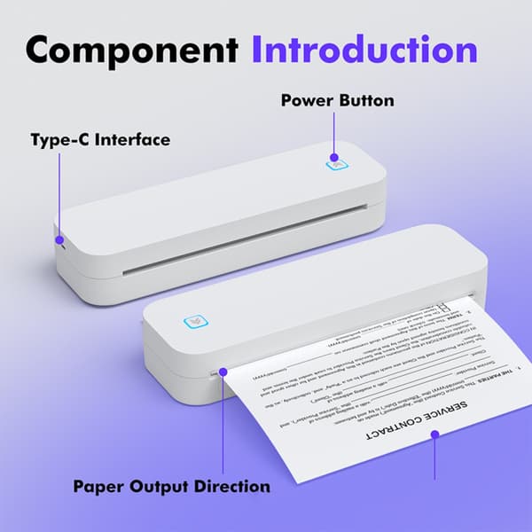 Bærbar A4 termisk printer D80 med blækfri A4-udskrift, Bluetooth, batteridrevet 5V/2A, kompatibel med iOS Android Windows MacOS White White