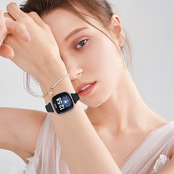 Klockarmband i Äkta Läder för Fitbit Versa 4 Svart