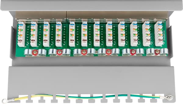 CAT 5e mini-/pöytäliitäntäpaneeli, 12 porttia (1 HE)