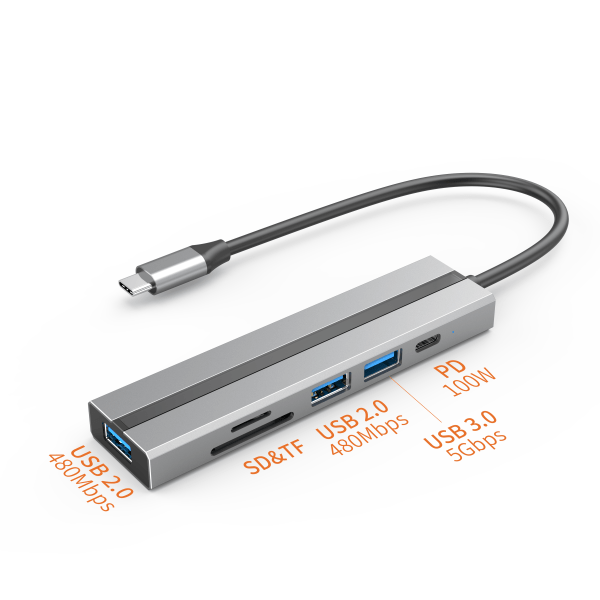 6-i-1 USB C Hub med SD/TF-kortläsare, USB 3.0/2.0-portar, PD 100