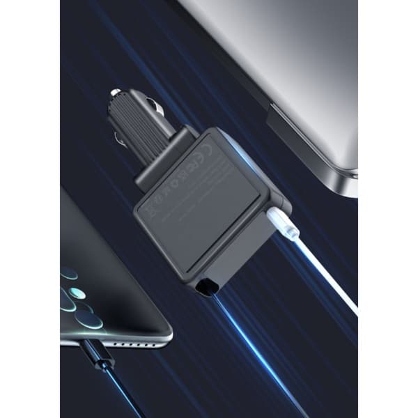 PD30W biloplader med udtrækkeligt kabel til 12v-24v biler og lastbiler, op til 45w, USB-C, grå