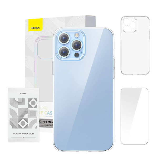 Telefonfodral Baseus Crystal Clear för 13 Pro Max (transparent) + skärmskydd i helhärdat glas + rengöringskit